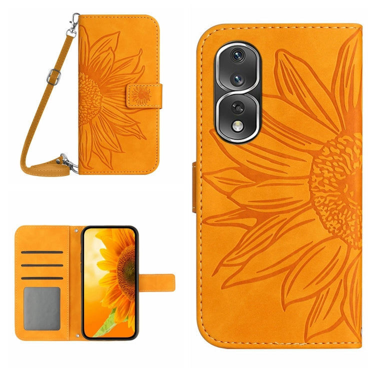 HT04 Skin Feel Sun Flower Embossed Flip Leather Phone Case with Lanyard, For Honor 80, For Honor 80 Pro