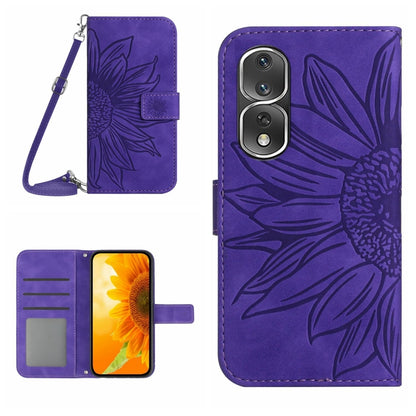 HT04 Skin Feel Sun Flower Embossed Flip Leather Phone Case with Lanyard, For Honor 80, For Honor 80 Pro