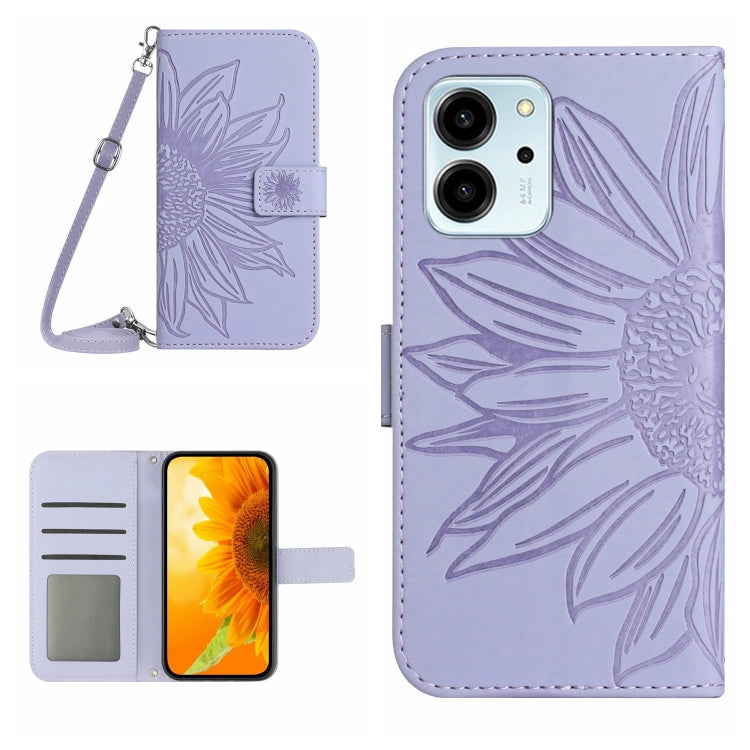 HT04 Skin Feel Sun Flower Embossed Flip Leather Phone Case with Lanyard, For Honor 80 SE, For Motorola Moto G Play 2023