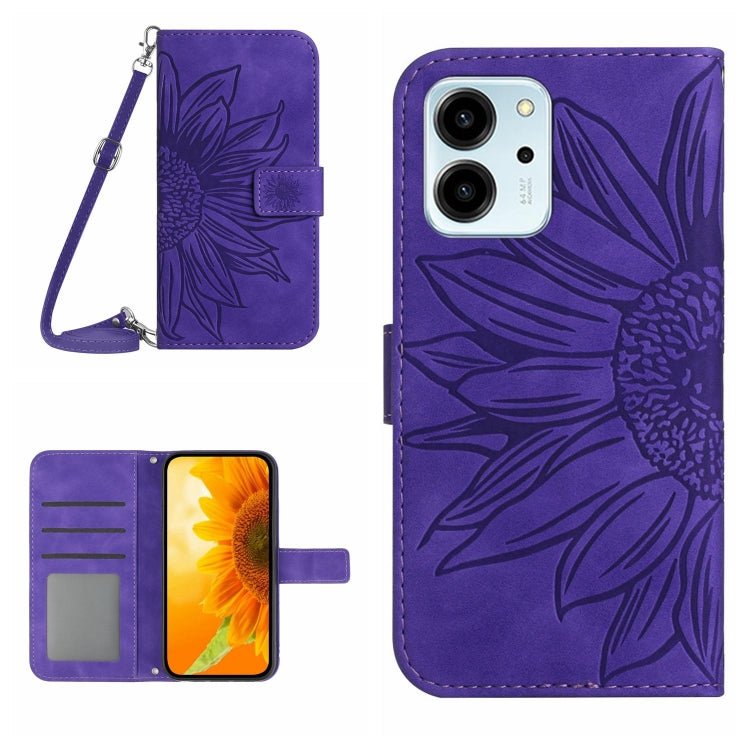 HT04 Skin Feel Sun Flower Embossed Flip Leather Phone Case with Lanyard, For Honor 80 SE, For Motorola Moto G Play 2023