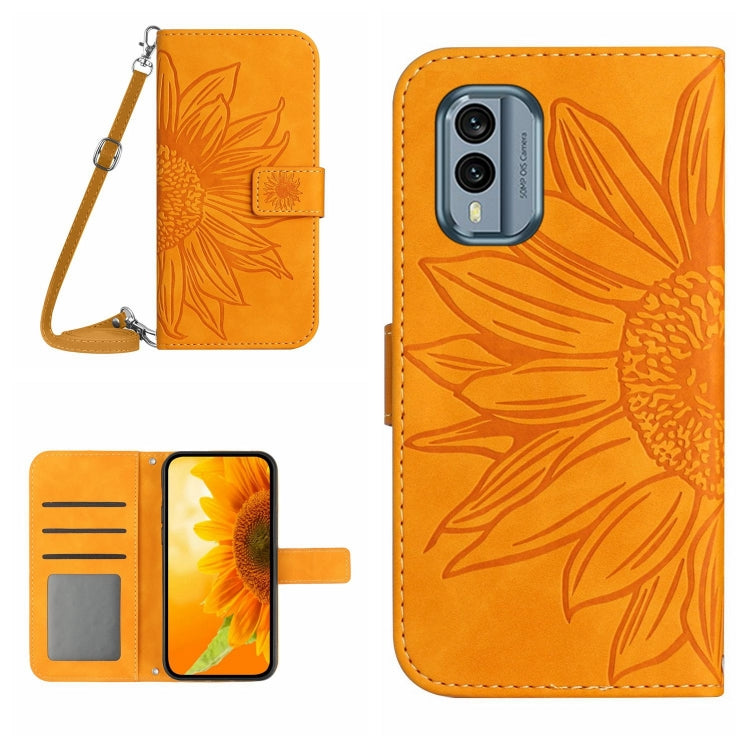 HT04 Skin Feel Sun Flower Embossed Flip Leather Phone Case with Lanyard, For Nokia X30, For Samsung Galaxy A34 5G