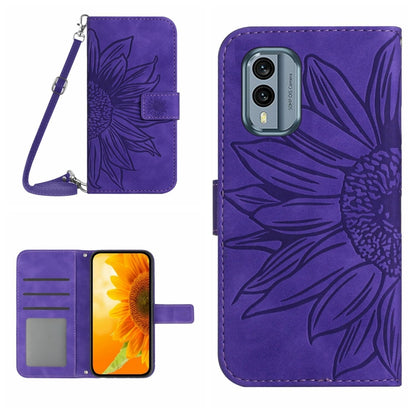 HT04 Skin Feel Sun Flower Embossed Flip Leather Phone Case with Lanyard, For Nokia X30, For Samsung Galaxy A34 5G