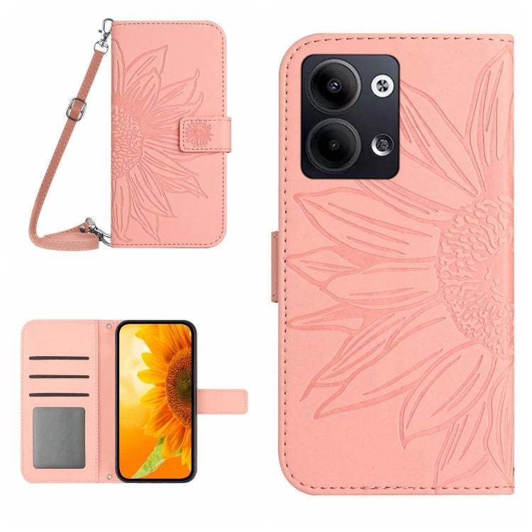 HT04 Skin Feel Sun Flower Embossed Flip Leather Phone Case with Lanyard, For OPPO Reno9 / Reno9 Pro, For OPPO Reno9 Pro+
