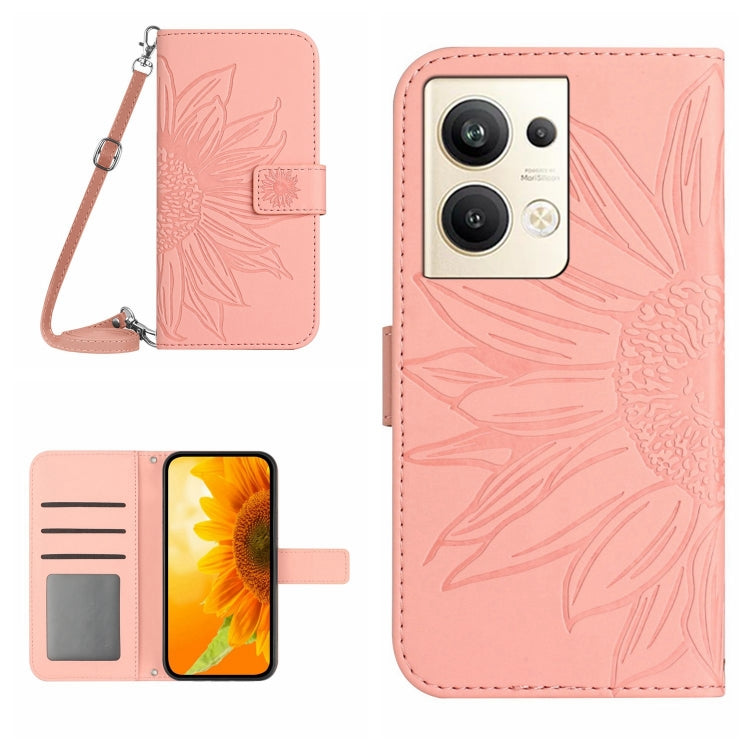 HT04 Skin Feel Sun Flower Embossed Flip Leather Phone Case with Lanyard, For OPPO Reno9 / Reno9 Pro, For OPPO Reno9 Pro+