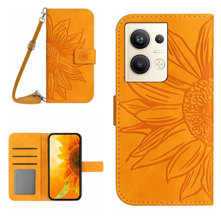 HT04 Skin Feel Sun Flower Embossed Flip Leather Phone Case with Lanyard, For OPPO Reno9 / Reno9 Pro, For OPPO Reno9 Pro+