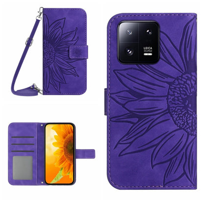 HT04 Skin Feel Sun Flower Embossed Flip Leather Phone Case with Lanyard, For Xiaomi 13, For Xiaomi 13 Pro