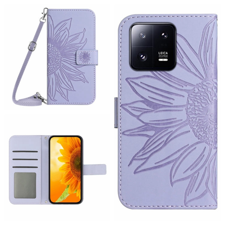 HT04 Skin Feel Sun Flower Embossed Flip Leather Phone Case with Lanyard, For Xiaomi 13, For Xiaomi 13 Pro