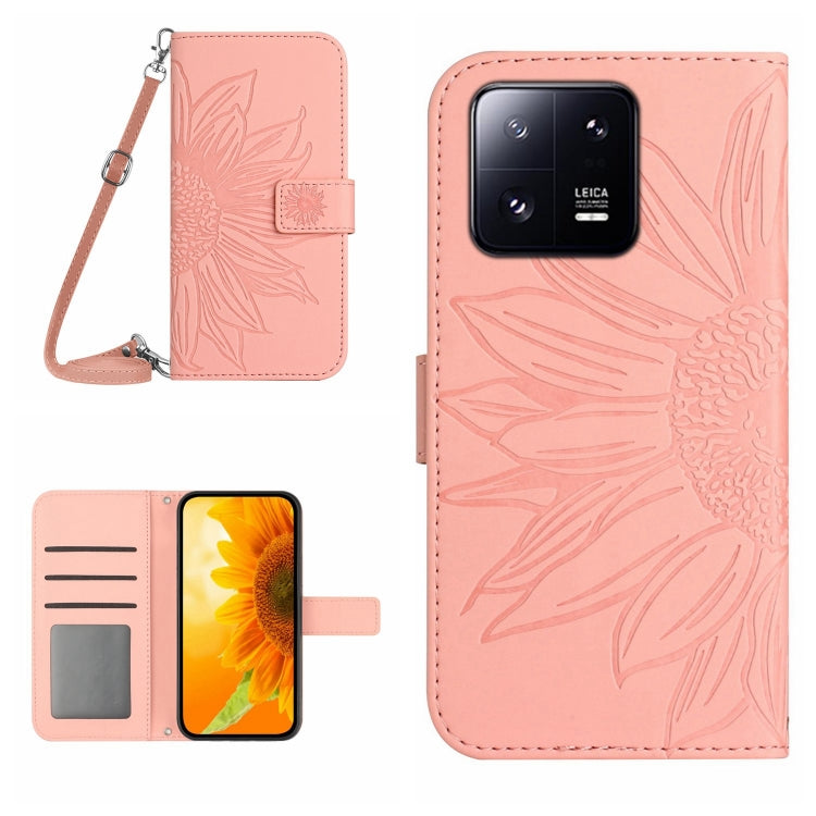 HT04 Skin Feel Sun Flower Embossed Flip Leather Phone Case with Lanyard, For Xiaomi 13, For Xiaomi 13 Pro