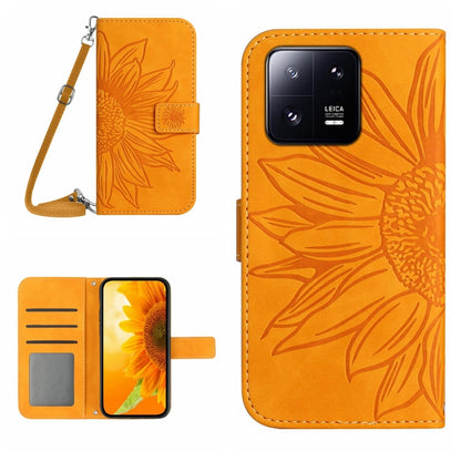 HT04 Skin Feel Sun Flower Embossed Flip Leather Phone Case with Lanyard, For Xiaomi 13, For Xiaomi 13 Pro
