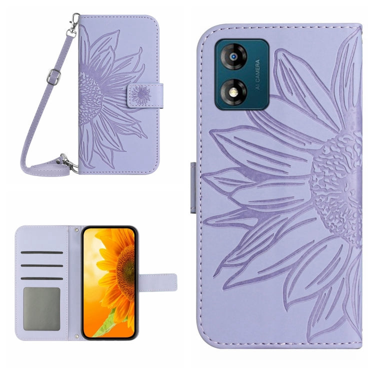 HT04 Skin Feel Sun Flower Embossed Flip Leather Phone Case with Lanyard, For Motorola Moto E13 4G, For Motorola Edge+ 2023