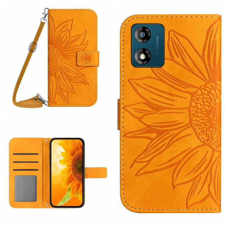 HT04 Skin Feel Sun Flower Embossed Flip Leather Phone Case with Lanyard, For Motorola Moto E13 4G, For Motorola Edge+ 2023