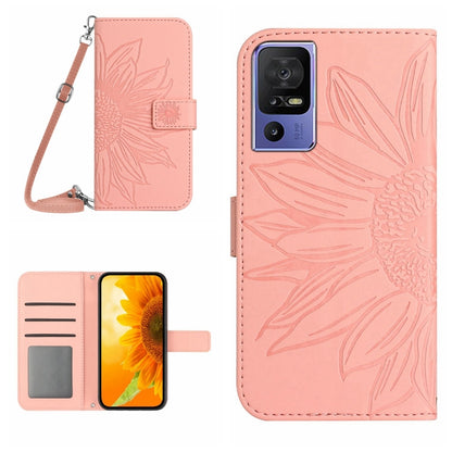 HT04 Skin Feel Sun Flower Embossed Flip Leather Phone Case with Lanyard, For OPPO Reno8 T 4G, For TCL 40 SE
