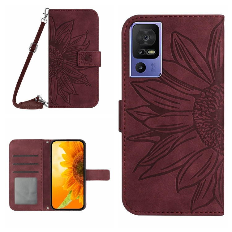 HT04 Skin Feel Sun Flower Embossed Flip Leather Phone Case with Lanyard, For OPPO Reno8 T 4G, For TCL 40 SE
