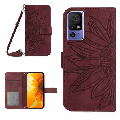 HT04 Skin Feel Sun Flower Embossed Flip Leather Phone Case with Lanyard, For OPPO Reno8 T 4G, For TCL 40 SE