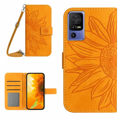 HT04 Skin Feel Sun Flower Embossed Flip Leather Phone Case with Lanyard, For OPPO Reno8 T 4G, For TCL 40 SE