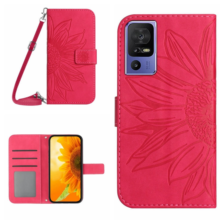 HT04 Skin Feel Sun Flower Embossed Flip Leather Phone Case with Lanyard, For OPPO Reno8 T 4G, For TCL 40 SE