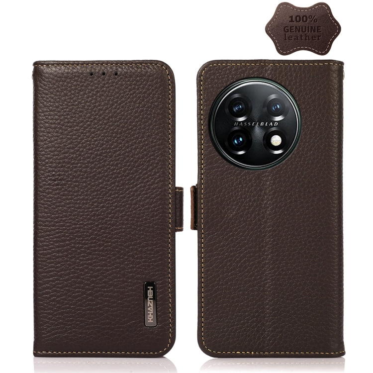 KHAZNEH Side-Magnetic Litchi Genuine Leather RFID Phone Case, For OnePlus 11