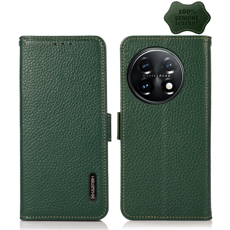 KHAZNEH Side-Magnetic Litchi Genuine Leather RFID Phone Case, For OnePlus 11