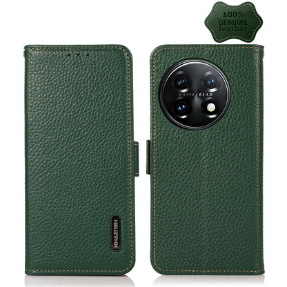 KHAZNEH Side-Magnetic Litchi Genuine Leather RFID Phone Case, For OnePlus 11