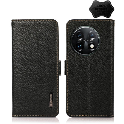 KHAZNEH Side-Magnetic Litchi Genuine Leather RFID Phone Case, For OnePlus 11