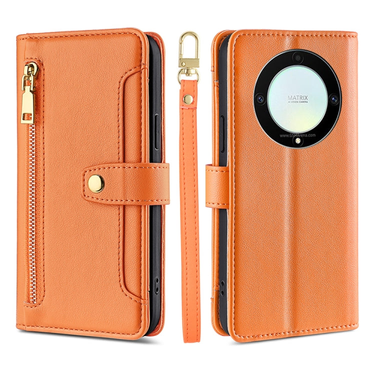 Sheep Texture Cross-body Zipper Wallet Leather Phone Case, For Honor X9a 5G