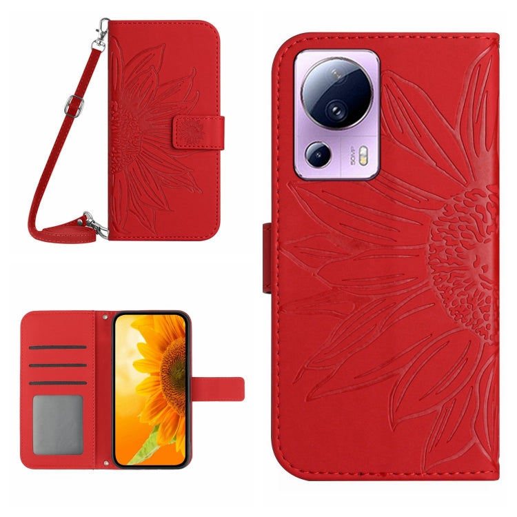 HT04 Skin Feel Sun Flower Embossed Flip Leather Phone Case with Lanyard, For OPPO Reno8 T 5G/A1 Pro 5G, For Xiaomi 13 Lite