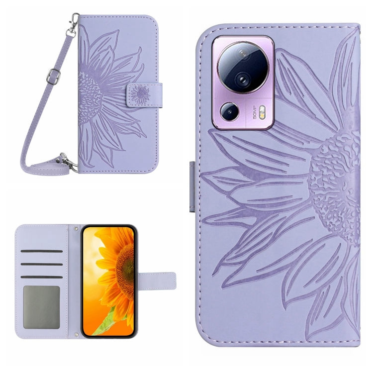 HT04 Skin Feel Sun Flower Embossed Flip Leather Phone Case with Lanyard, For OPPO Reno8 T 5G/A1 Pro 5G, For Xiaomi 13 Lite