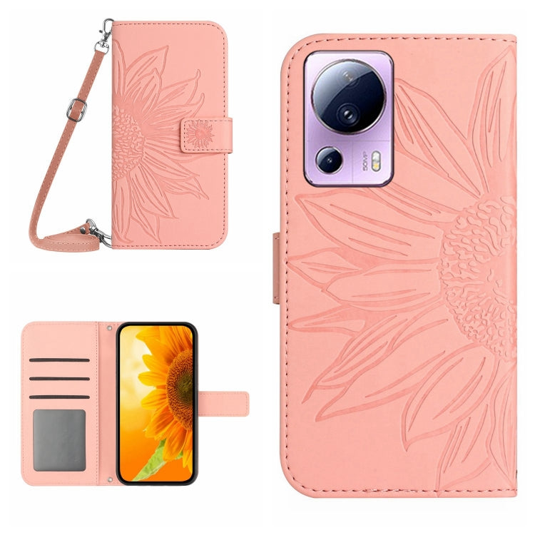 HT04 Skin Feel Sun Flower Embossed Flip Leather Phone Case with Lanyard, For OPPO Reno8 T 5G/A1 Pro 5G, For Xiaomi 13 Lite