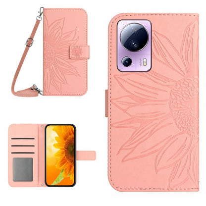 HT04 Skin Feel Sun Flower Embossed Flip Leather Phone Case with Lanyard, For OPPO Reno8 T 5G/A1 Pro 5G, For Xiaomi 13 Lite