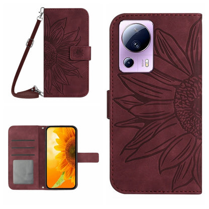 HT04 Skin Feel Sun Flower Embossed Flip Leather Phone Case with Lanyard, For OPPO Reno8 T 5G/A1 Pro 5G, For Xiaomi 13 Lite