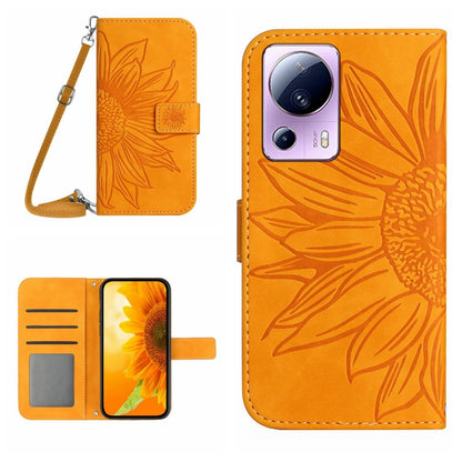 HT04 Skin Feel Sun Flower Embossed Flip Leather Phone Case with Lanyard, For OPPO Reno8 T 5G/A1 Pro 5G, For Xiaomi 13 Lite