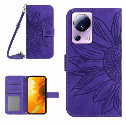 HT04 Skin Feel Sun Flower Embossed Flip Leather Phone Case with Lanyard, For OPPO Reno8 T 5G/A1 Pro 5G, For Xiaomi 13 Lite