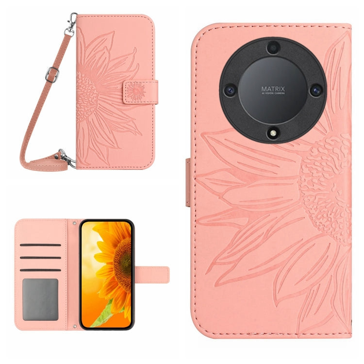 Skin Feel Sun Flower Embossed Flip Leather Phone Case with Lanyard, For Honor X9a 5G / Magic5 Lite, For Honor X5 4G
