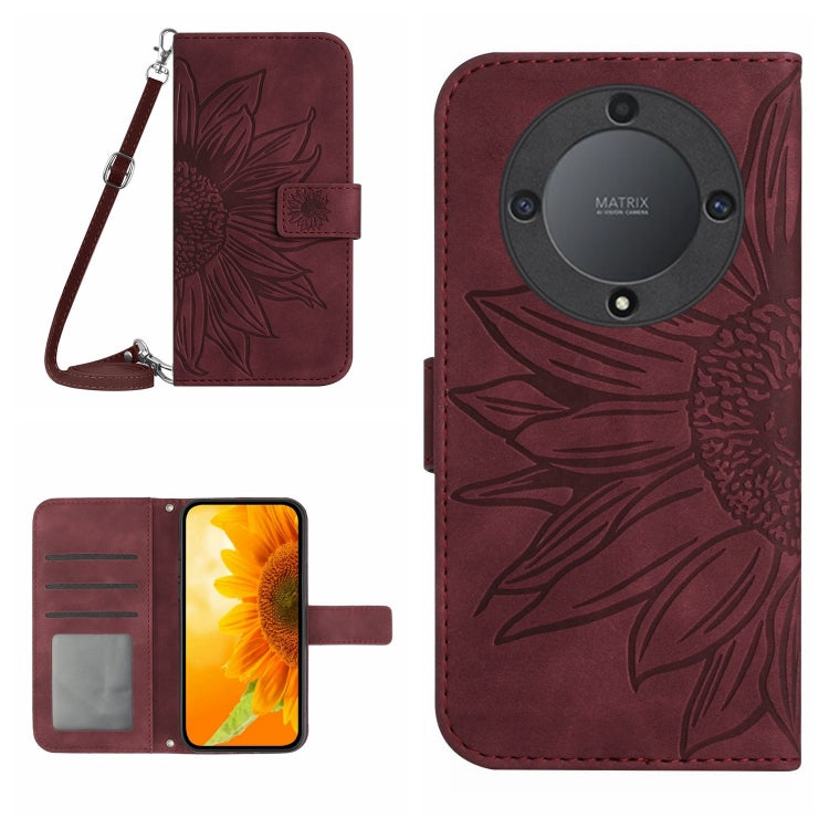 Skin Feel Sun Flower Embossed Flip Leather Phone Case with Lanyard, For Honor X9a 5G / Magic5 Lite, For Honor X5 4G