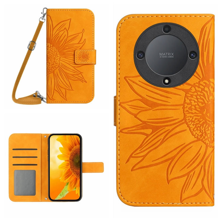 Skin Feel Sun Flower Embossed Flip Leather Phone Case with Lanyard, For Honor X9a 5G / Magic5 Lite, For Honor X5 4G