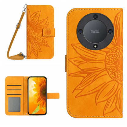 Skin Feel Sun Flower Embossed Flip Leather Phone Case with Lanyard, For Honor X9a 5G / Magic5 Lite, For Honor X5 4G