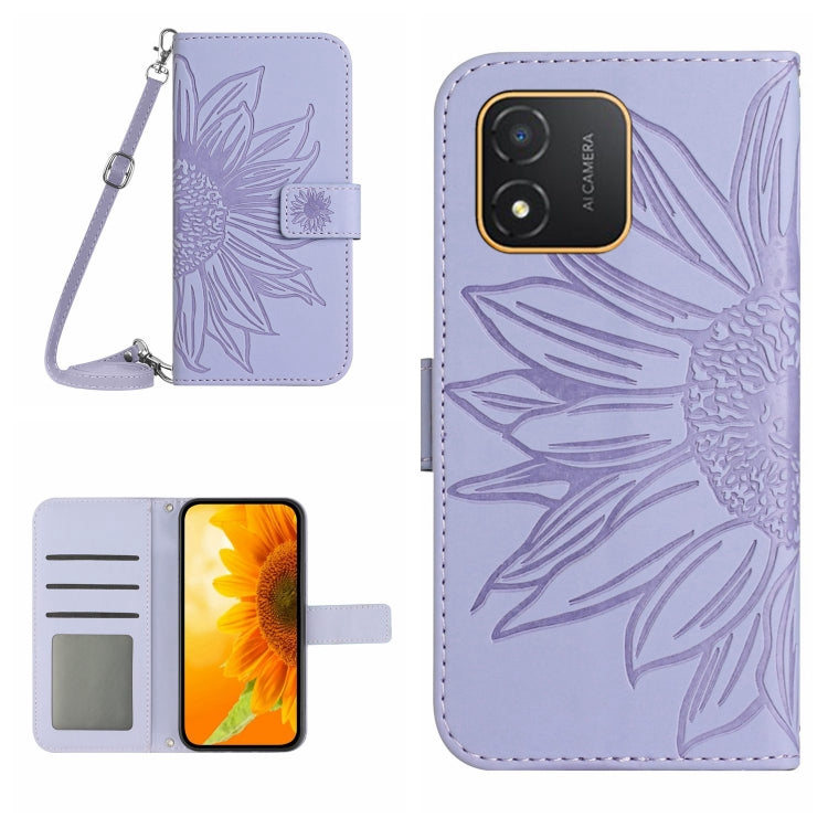 Skin Feel Sun Flower Embossed Flip Leather Phone Case with Lanyard, For Honor X9a 5G / Magic5 Lite, For Honor X5 4G