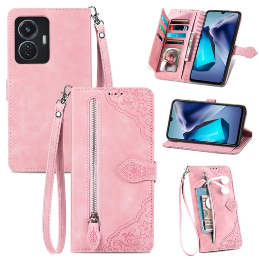 Embossed Flower Zipper Leather Phone Case, For vivo T1, For vivo Y76 5G, For Xiaomi Redmi K60 Pro, For Xiaomi Redmi 9A
