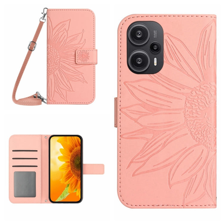 Skin Feel Sun Flower Embossed Flip Leather Phone Case with Lanyard, For Xiaomi Redmi 12 4G Global, For Xiaomi Poco F5