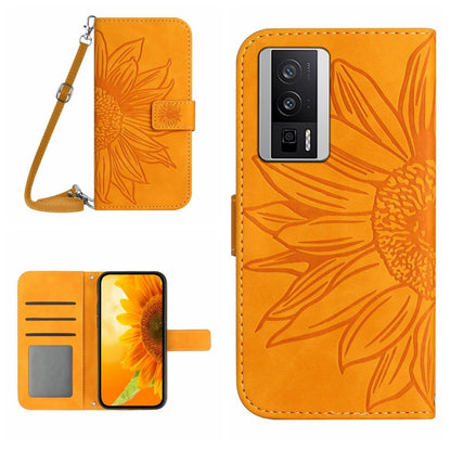 Skin Feel Sun Flower Embossed Flip Leather Phone Case with Lanyard, For Xiaomi Poco F5 Pro, For Xiaomi Redmi Note 12S