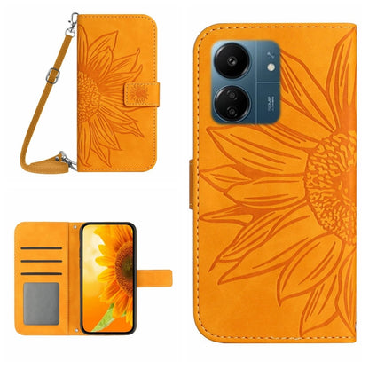 Skin Feel Sun Flower Embossed Flip Leather Phone Case with Lanyard, For Xiaomi 14, For Xiaomi Redmi 13C 4G
