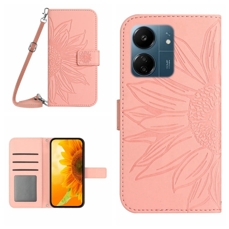 Skin Feel Sun Flower Embossed Flip Leather Phone Case with Lanyard, For Xiaomi 14, For Xiaomi Redmi 13C 4G