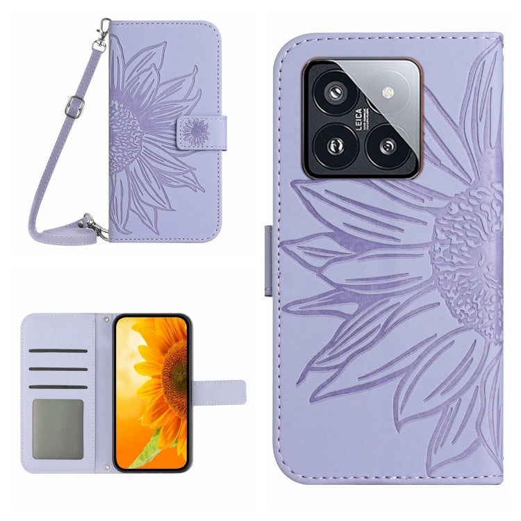 Skin Feel Sun Flower Embossed Flip Leather Phone Case with Lanyard, For Xiaomi 14, For Xiaomi Redmi 13C 4G