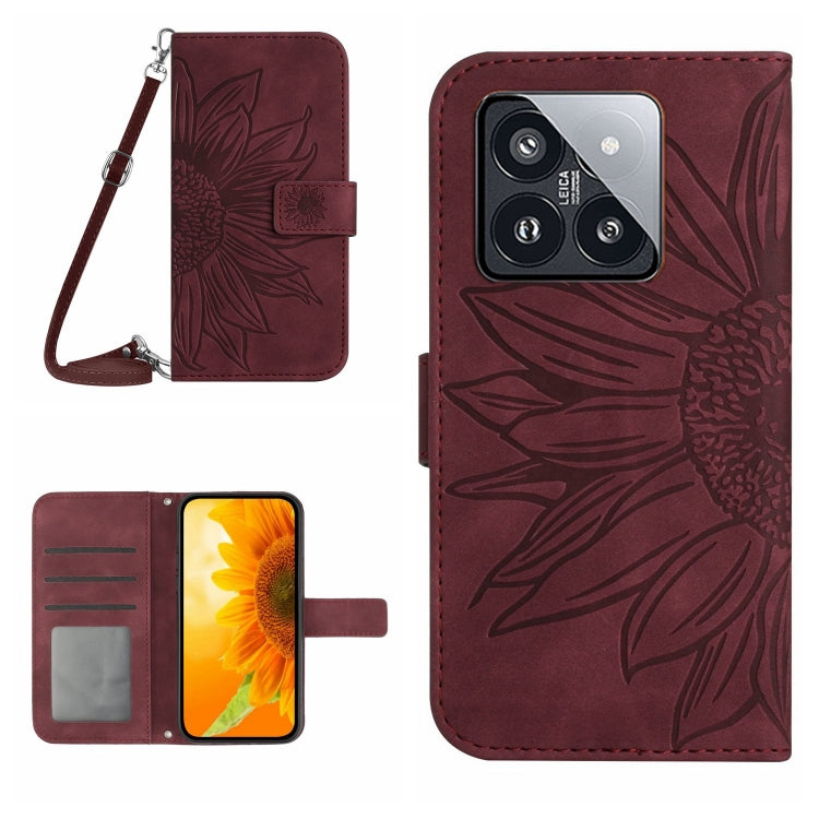 Skin Feel Sun Flower Embossed Flip Leather Phone Case with Lanyard, For Xiaomi 14 Ultra, For Xiaomi 14 Pro