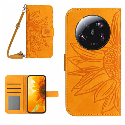 Skin Feel Sun Flower Embossed Flip Leather Phone Case with Lanyard, For Xiaomi 14 Ultra, For Xiaomi 14 Pro