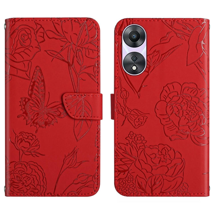 HT03 Skin Feel Butterfly Embossed Flip Leather Phone Case, For OPPO K12x 5G Global, For OPPO A60 4G, For OPPO Reno11 F 5G/F25 Pro 5G, For OPPO A18 / A38 4G
