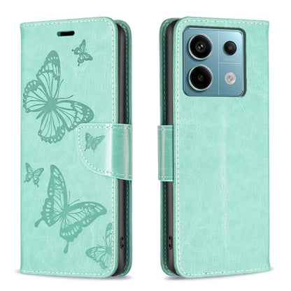 Two Butterflies Embossing Leather Phone Case, For Xiaomi Redmi Note 13 Pro 4G Global, For Xiaomi Poco M6 Pro 4G, For Xiaomi Redmi Note 13 4G Global, For Xiaomi Redmi Note 13