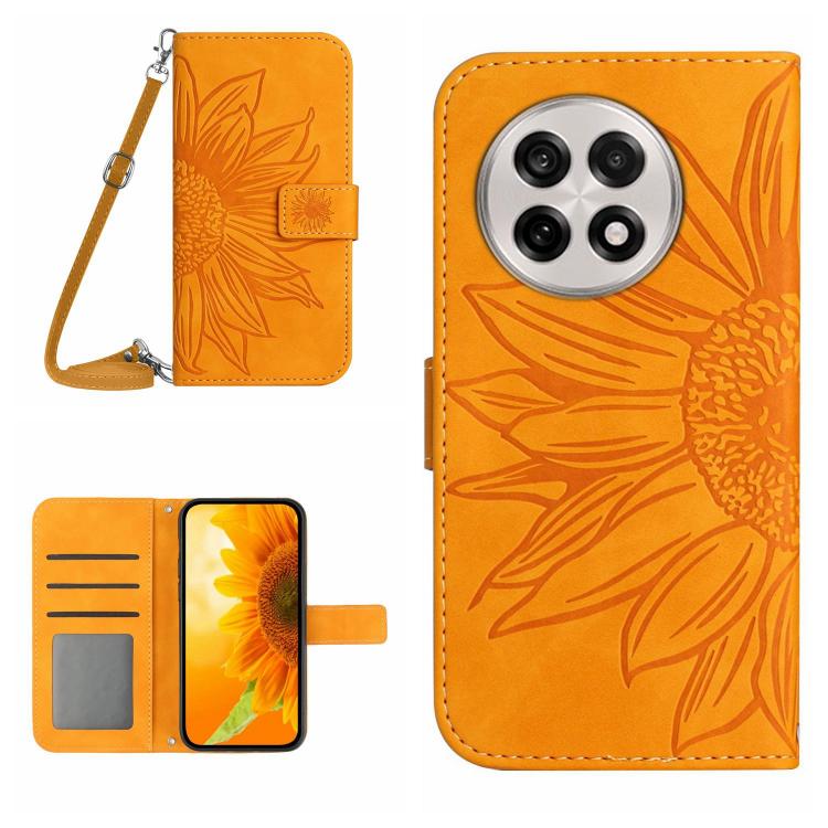 Skin Feel Sun Flower Embossed Leather Phone Case with Lanyard, For OnePlus 13, For OnePlus Nord 4 5G