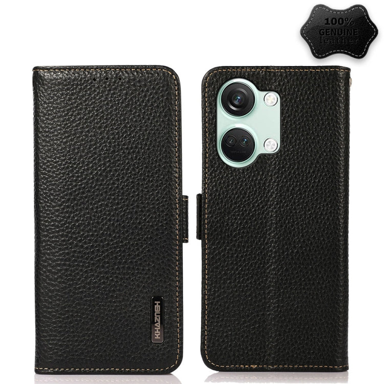 KHAZNEH Side-Magnetic Litchi Genuine Leather RFID Phone Case, For OnePlus 12R, For OnePlus 12, For OnePlus Ace 2 Pro, For OnePlus Nord 3
