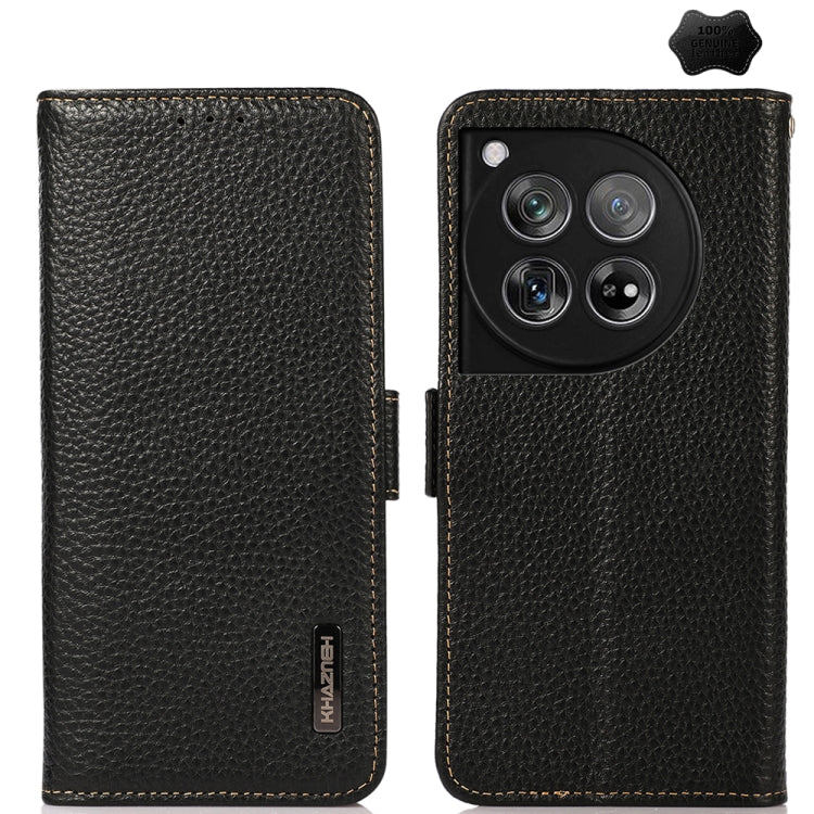 KHAZNEH Side-Magnetic Litchi Genuine Leather RFID Phone Case, For OnePlus 12R, For OnePlus 12, For OnePlus Ace 2 Pro, For OnePlus Nord 3